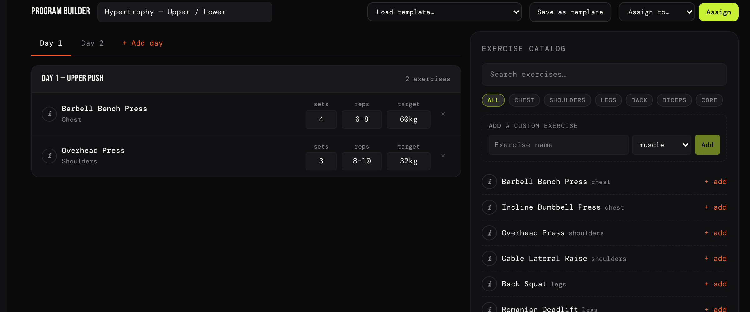 The Platd program builder: exercises arranged into training days beside a searchable catalog.
